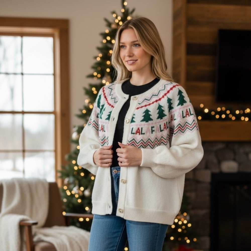 NWT Sincerely Jules Festive FA LA LA Christmas Cardigan Sweater Trees Holiday